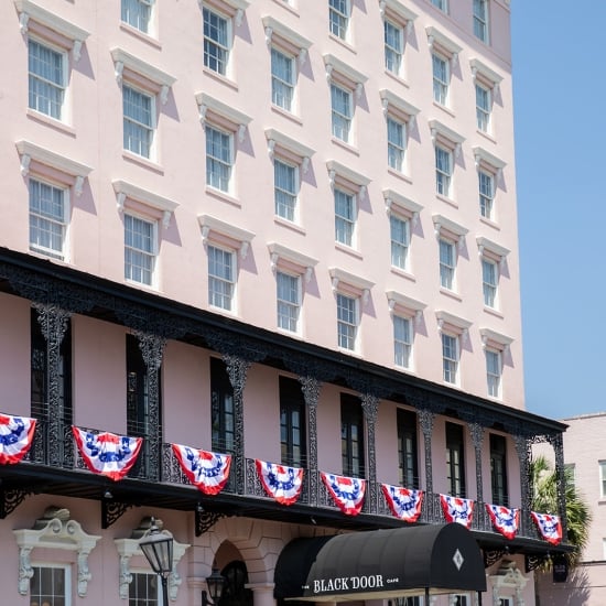 American flag buntings on pink hotel